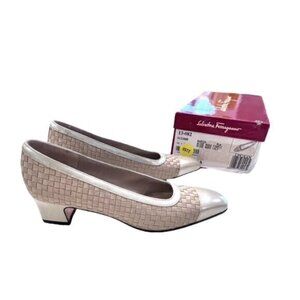 🎉SALE🎉 Salvatore Ferragamo Beige Fabric Weave Heels 6 AAAA GLAM Luxury NIB